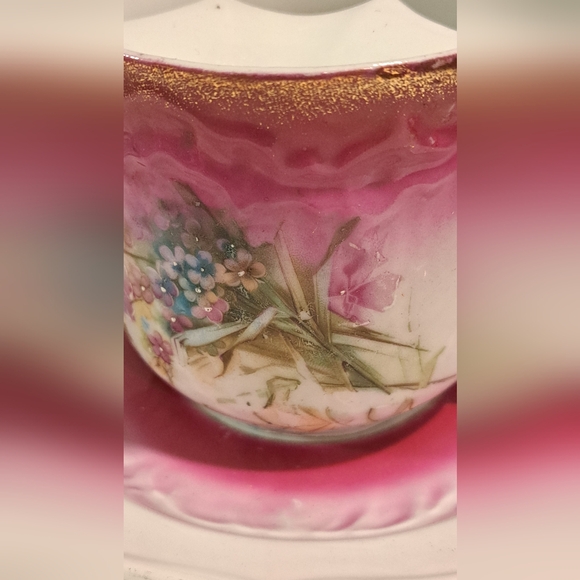 GERMAN ANTIQUE PORCELAIN PINK & GOLD MUSTACHE MUG &SAUCER - Picture 3 of 5